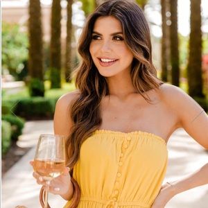 MARIGOLD SUNSET YELLOW STRAPLESS BUTTON MIDI DRES. PINK LILY BOUTIQUE